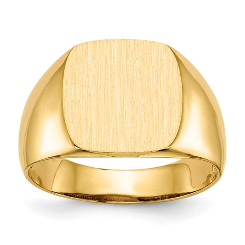 14k gold open back men's signet ring with 12.5x12.5mm face, jewelry ring from Solomon Jewelers.