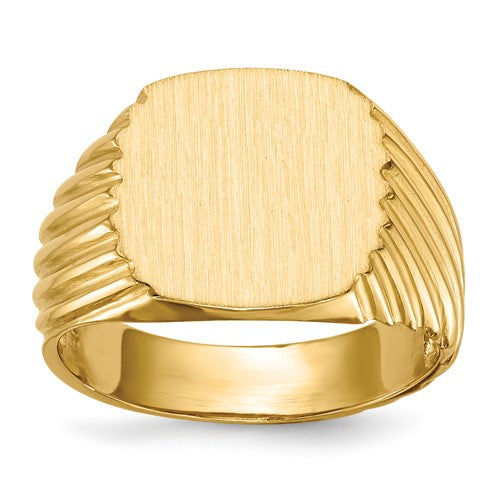 14k gold men's signet ring with open back and 13.5x13.5mm face, jewelry ring from Solomon Jewelers.