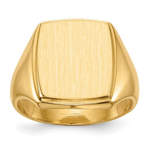 14k gold men's signet ring with a 13.0x14.5mm closed back design, showcasing a smooth, polished surface.
