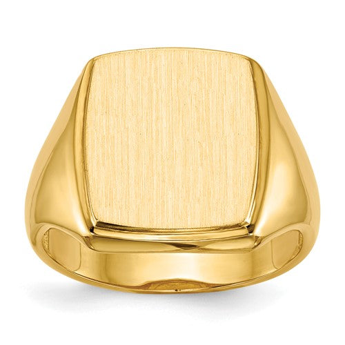 Open back men's signet ring in 14k gold with 13.0x14.5mm face, crafted by Solomon Jewelers.