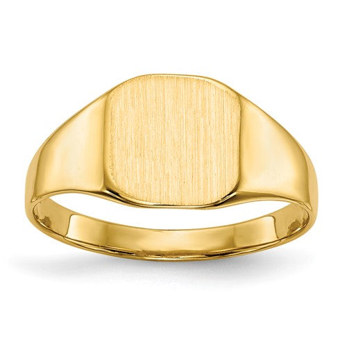 14k gold closed back signet ring with 8.5x8.5mm face, crafted by Solomon Jewelers. Elegant jewelry ring for men or women.