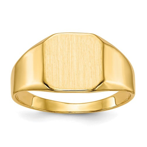14k gold men's signet ring with a closed back and 11x11mm face, crafted by Solomon Jewelers.