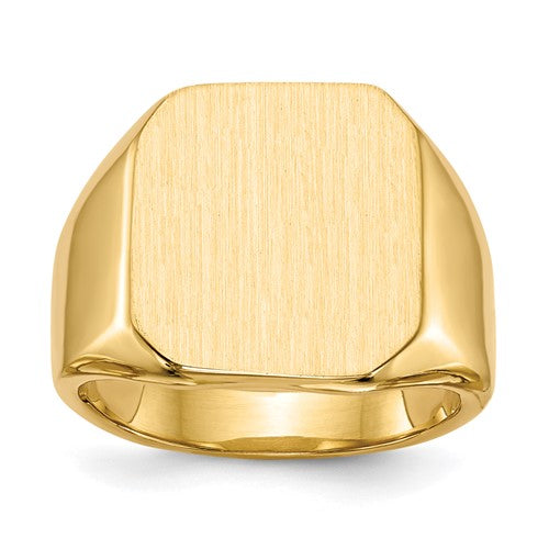 14k gold closed back men's signet ring with 15.0x17.0mm face, crafted by Solomon Jewelers, displayed on a white background.