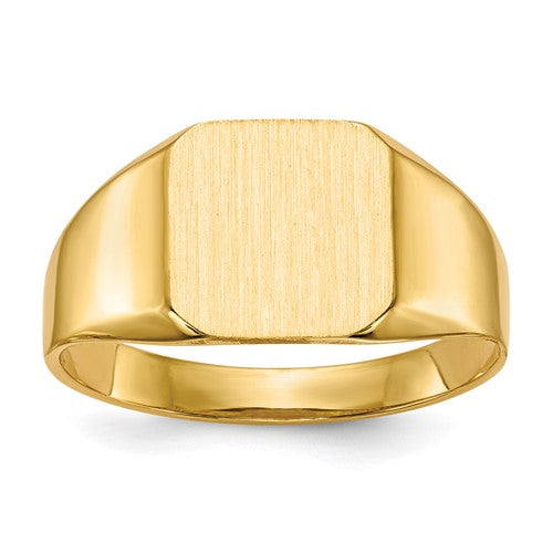 Open back 14k gold men's signet ring with 11x11mm face, featuring a classic design, by Solomon Jewelers.