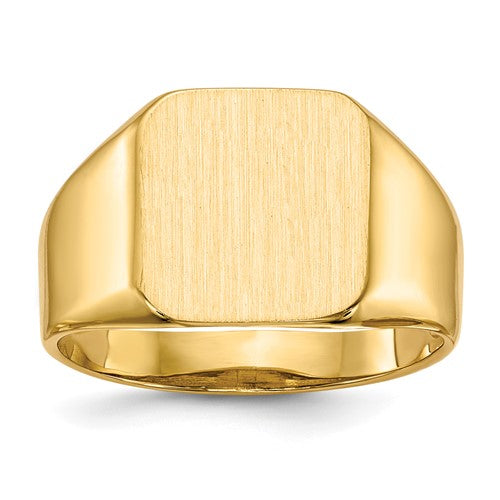 14k gold open back men's signet ring with 12.5x13.0mm face, crafted by Solomon Jewelers, shown from a side view.