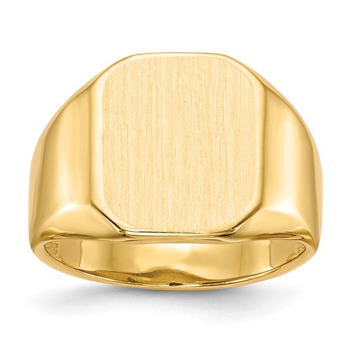 14k gold open back men's signet ring featuring 13.0x15.5mm design, crafted by Solomon Jewelers, showcased from a side view