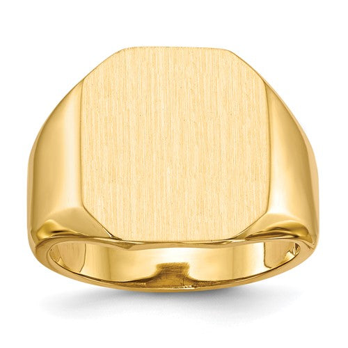 14k gold open back men's signet ring with 15.0x17.0mm face, featuring a sleek design and polished finish.
