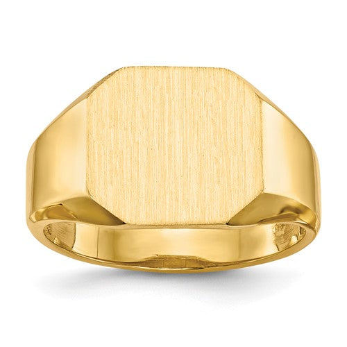 14k gold open back signet ring with 12.5x11.0mm face, jewelry ring by Solomon Jewelers, showcasing detailed craftsmanship.