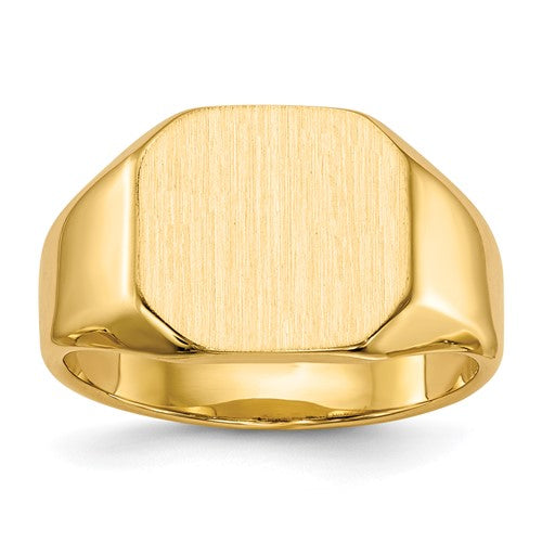14k gold signet ring with a closed back, measuring 12.5x11.0mm, jewelry ring from Solomon Jewelers.