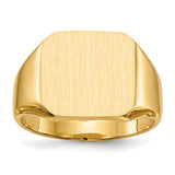 14k gold men's signet ring with a 13x14mm closed back design, crafted by Solomon Jewelers.