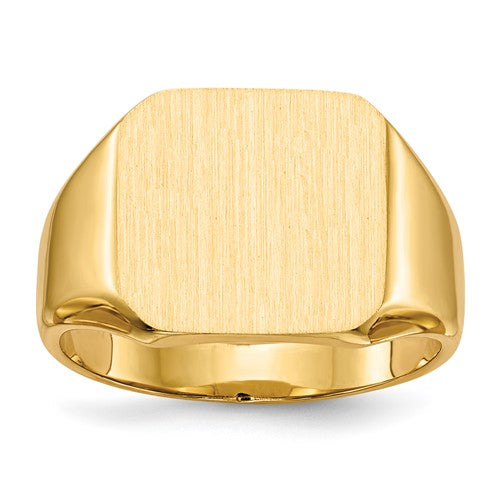 14k gold men's signet ring with a 13x14mm closed back design, crafted by Solomon Jewelers.