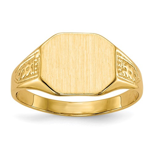 14k gold closed back signet ring with 11.0x9.0mm face, jewelry ring from Solomon Jewelers, displayed on a neutral background.