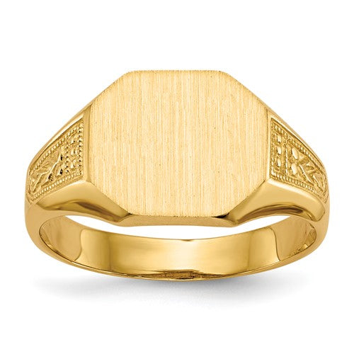 14k gold open back signet ring with 11.0x9.0mm face, jewelry ring by Solomon Jewelers, showcasing intricate design and craftsmanship.