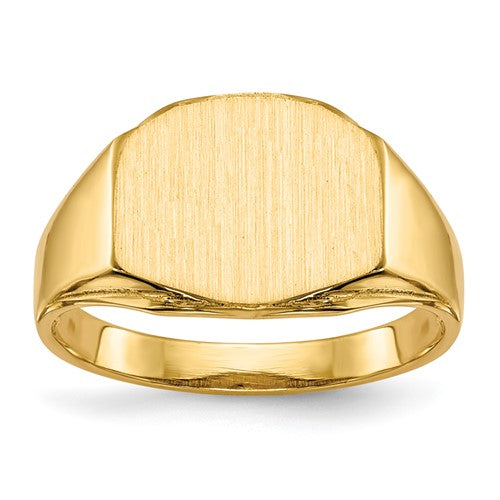 14k gold open back signet ring with 11.5x8.5mm face from Solomon Jewelers, showcasing detailed craftsmanship and classic style