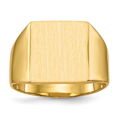 14k gold men's signet ring with a 12x13mm closed back design, jewelry ring by Solomon Jewelers.