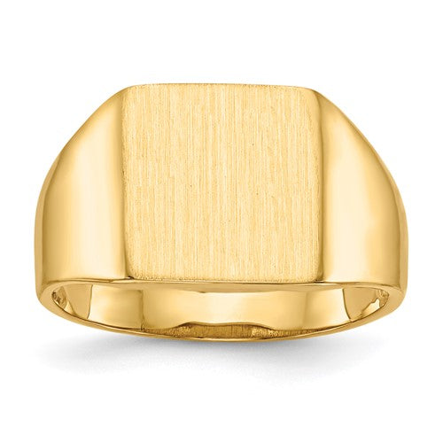 14k gold open back signet ring with 11.0x11.5mm face, jewelry ring from Solomon Jewelers, showcasing detailed craftsmanship.