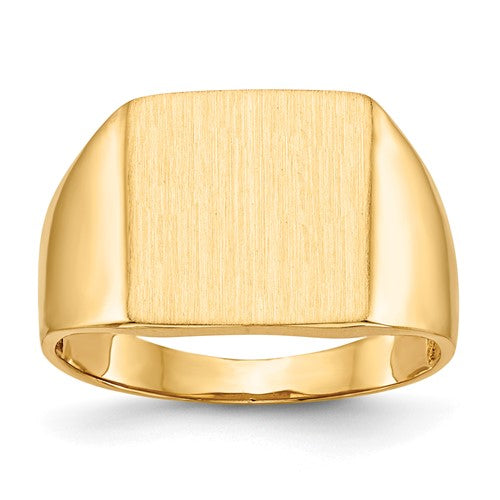 14k gold open back men's signet ring with 13x13mm face, showcasing detailed craftsmanship and a polished finish.