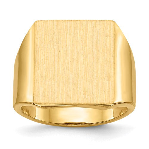 14k men's signet ring with an open back, measuring 15.5x17.5mm, crafted by Solomon Jewelers in fine jewelry style.