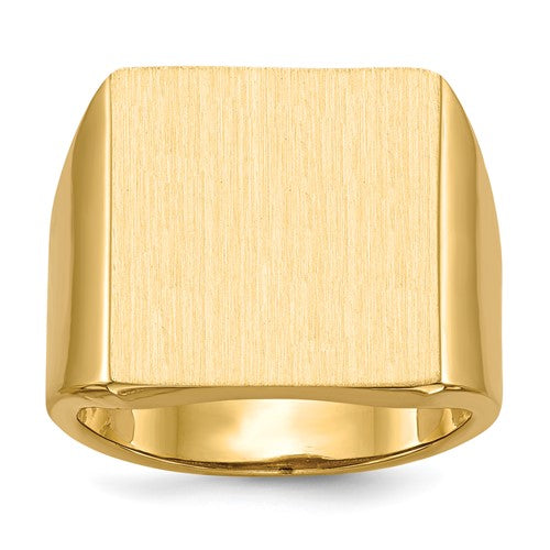 14k gold men's signet ring with open back and 16.5x17.5mm face, featuring a polished finish and classic design.