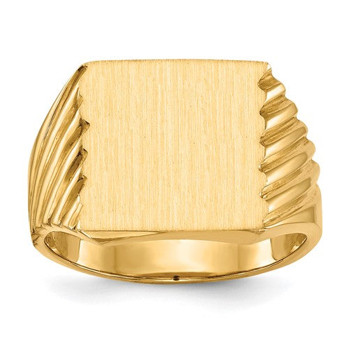 14k gold men's signet ring with a 13x13mm closed back design, crafted by Solomon Jewelers.