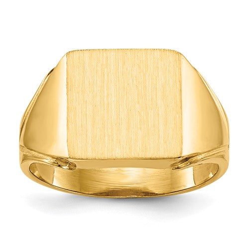 14k gold men's signet ring with open back, 12x12mm size, showcasing a classic jewelry design from Solomon Jewelers.