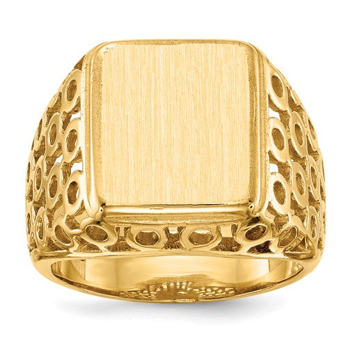 14k gold men's signet ring with 11.5 x 13.5mm open back design, featuring a polished finish and classic style.