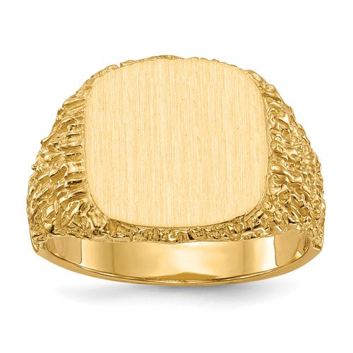 14k gold men's signet ring with 13.5x13.5mm closed back design, jewelry ring from Solomon Jewelers.