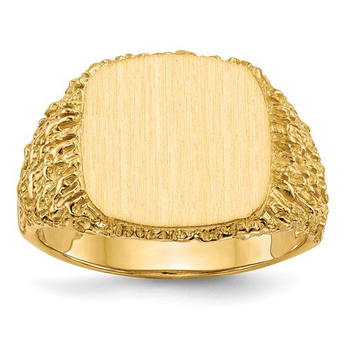 14k gold open back men's signet ring with 13.5x13.5mm face, showcasing detailed craftsmanship and classic jewelry style.