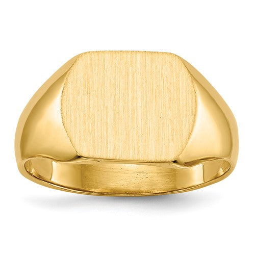14k gold closed back signet ring with 12.0x10.5mm face, featuring a classic design from Solomon Jewelers.