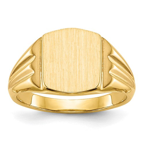 14k gold signet ring with 8.5x10.5mm closed back design, jewelry ring from Solomon Jewelers, showing polished metal and classic style.