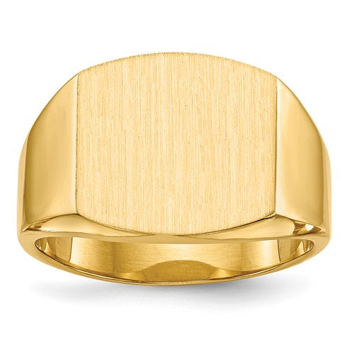 14k gold men's signet ring with a 14.5x13.5mm closed back design, crafted by Solomon Jewelers.