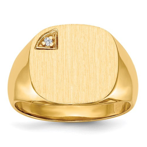 14k gold men's signet ring with AA diamond, 15x15mm, closed back design, Solomon Jewelers jewelry.