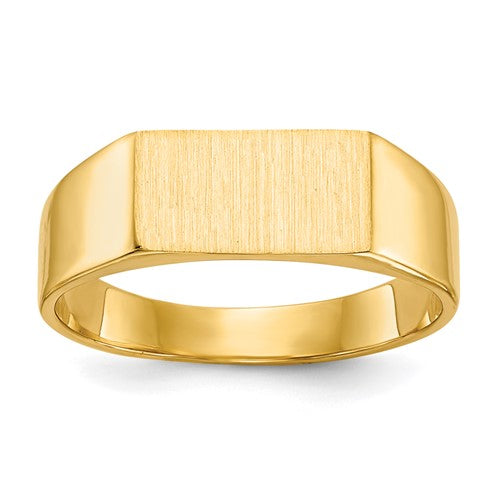 14k gold closed back signet ring with 10.5x5.5mm face, crafted by Solomon Jewelers, displayed on a neutral background.