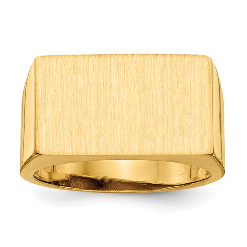14k gold open back men's signet ring with 18.0x11.0mm face, showcasing detailed craftsmanship and polished finish.