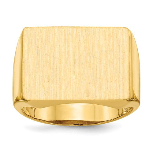 14k gold men's open back signet ring with 19.5x14.5mm face, crafted by Solomon Jewelers, displaying detailed design and polished finish.