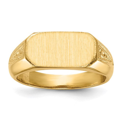 14k gold closed back signet ring with 12.5x6.0mm face, showcasing classic jewelry style from Solomon Jewelers.