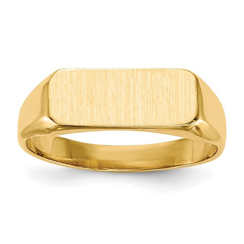 14k gold closed back signet ring with 13.5x5.5mm face, jewelry ring from Solomon Jewelers, showcasing a polished design.