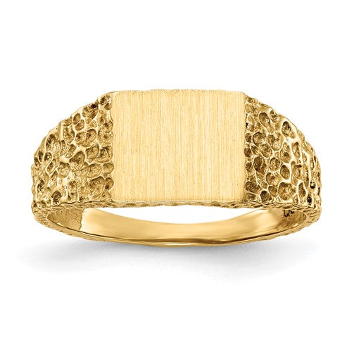 14k gold open back signet ring with 8.0x7.0mm size, crafted by Solomon Jewelers, featuring a smooth, polished design