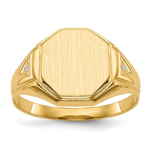 14k gold men's signet ring with open back and AA diamond, measuring 11.5x12.5mm, from Solomon Jewelers.