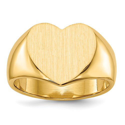 14k gold heart-shaped signet ring with closed back, measuring 12.5x11.5mm, by Solomon Jewelers.