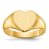 14k gold open back heart signet ring with 9.5x9.5mm design, displayed on a jewelry stand.