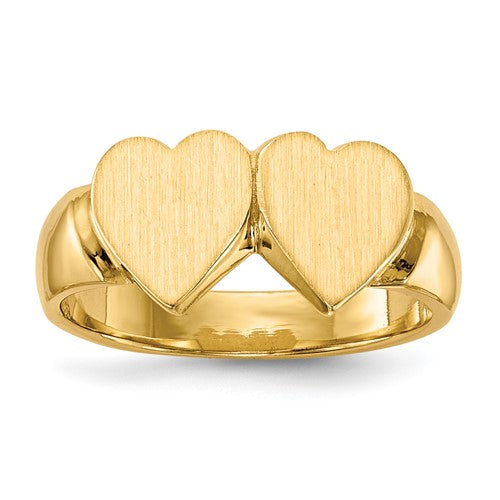 14k gold double heart signet ring with 8.0x8.0mm closed back design from Solomon Jewelers.