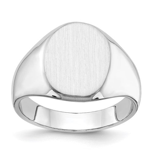 14k white gold men's signet ring with 11.5x15mm closed back design, jewelry ring from Solomon Jewelers.
