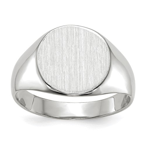 14k white gold signet ring with 10.5x10.5mm closed back design, jewelry ring by Solomon Jewelers.