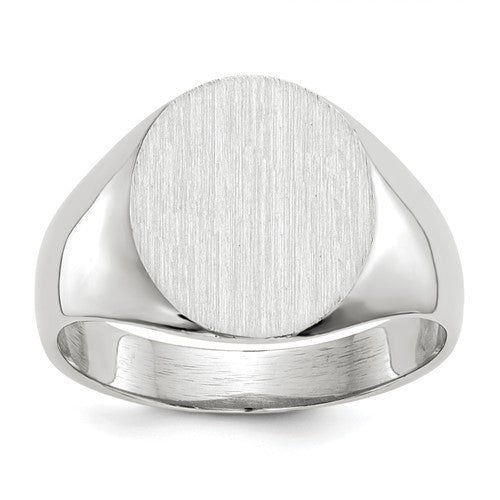 14k white gold signet ring with 12.0x12.5mm closed back design, featuring a smooth, polished surface.