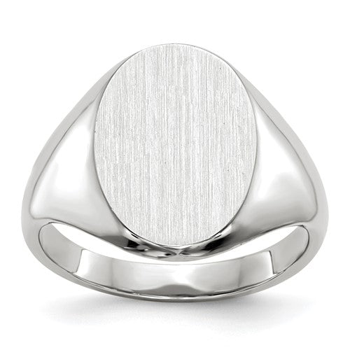 14k white gold signet ring with 8.0x11.5mm closed back design, showcasing a polished, elegant jewelry piece from Solomon Jewelers.