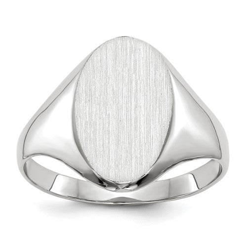 14k white gold signet ring with 9x14mm closed back design, jewelry ring by Solomon Jewelers.