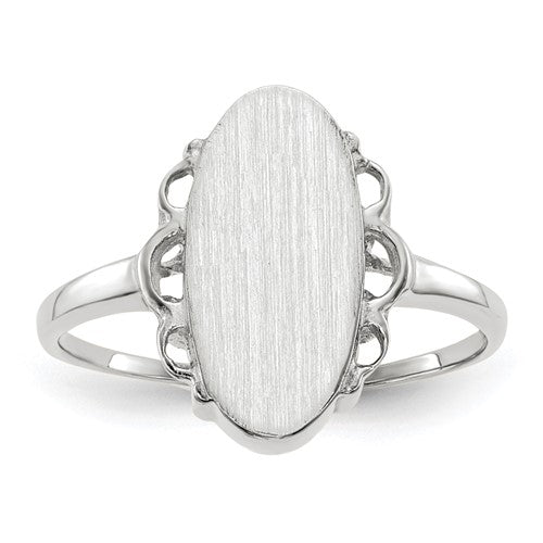 14k white gold open back signet ring with 7.0x14.5mm face, showcasing detailed craftsmanship and polished finish.