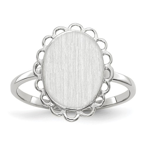 14k white gold open back signet ring with 9.0x11.5mm face, crafted by Solomon Jewelers, showcasing detailed design and polished finish.