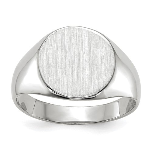14k white gold signet ring with 10x11mm closed back design, featuring a polished surface and classic jewelry appeal.